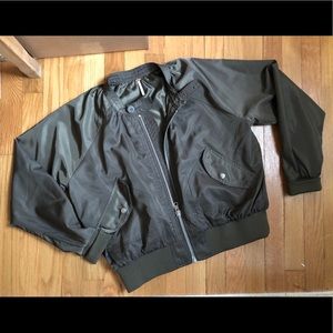Free People olive green satin bomber jacket.